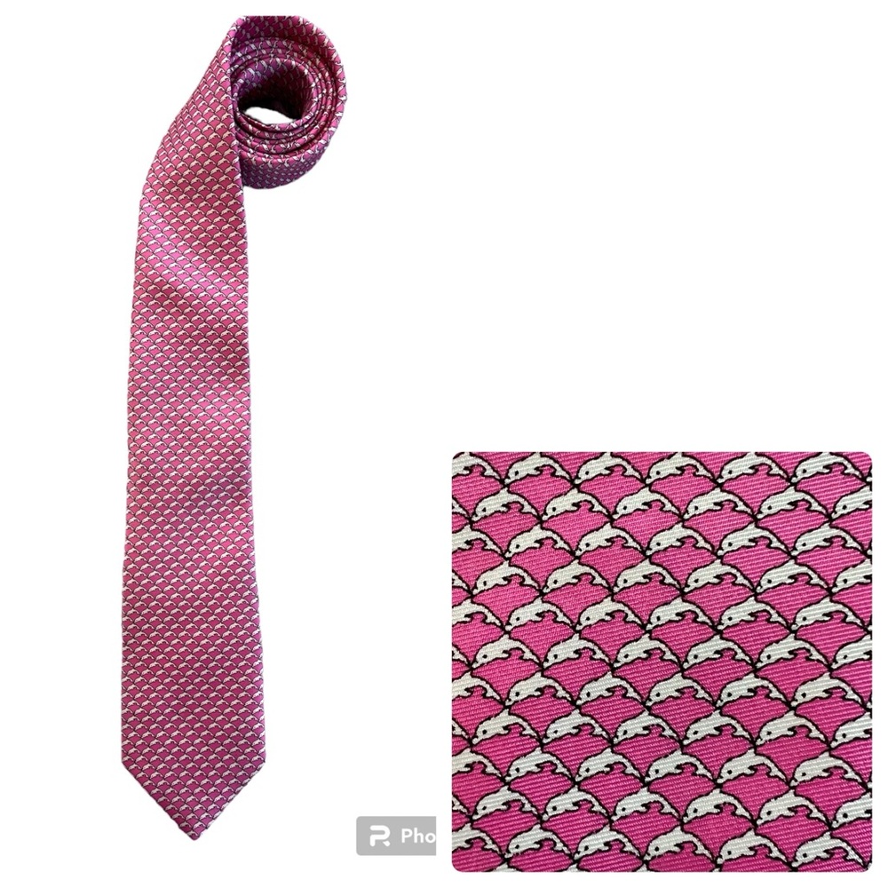 Brooks Brothers 100% silk tie, pink and white dolphin pattern